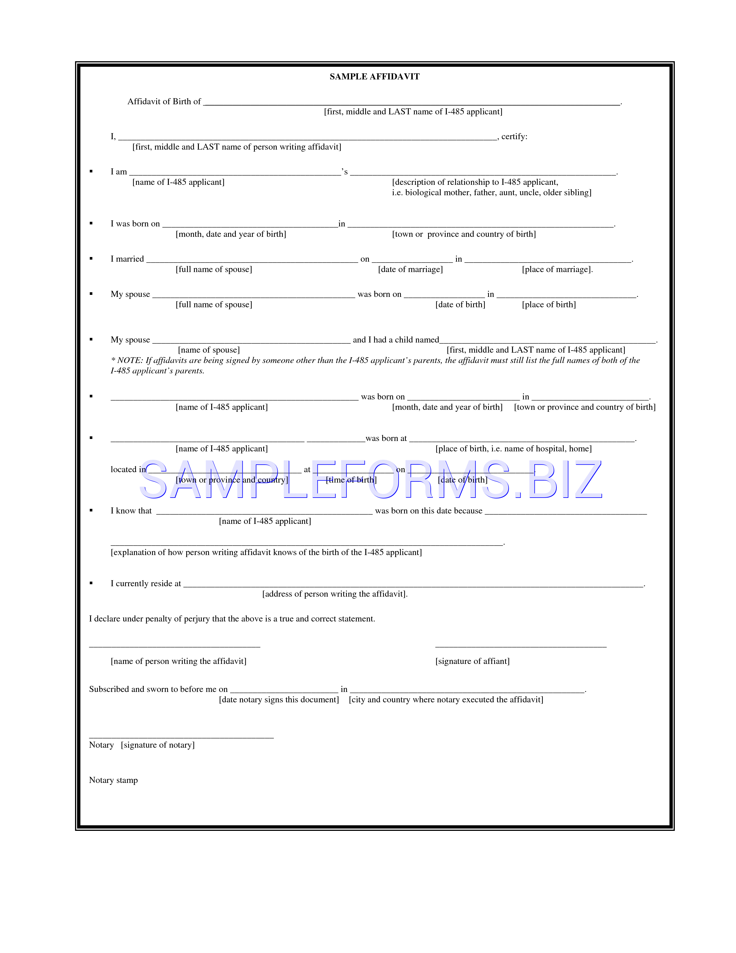 Preview free downloadable Sample Affidavit of Birth in PDF (page 1)